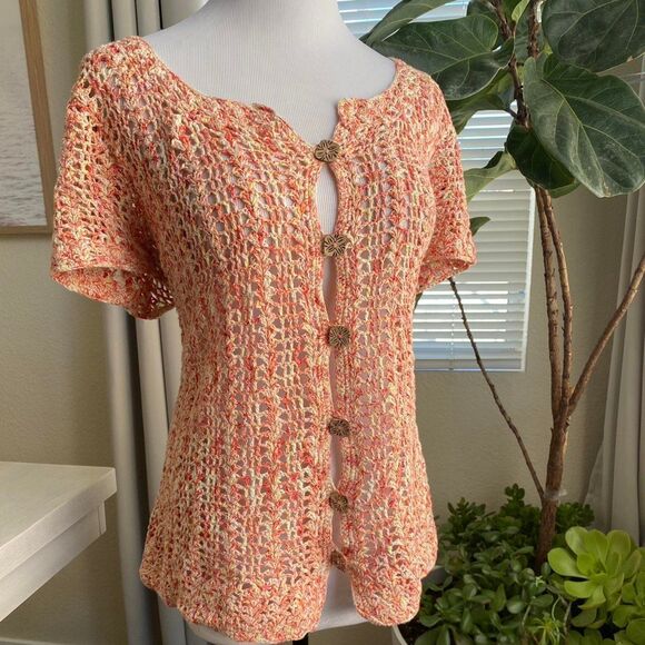 J H Collectibles VTG Boho Crochet Sweater Top Open Knit Short Sleeve Top Sz L - Picture 2 of 7